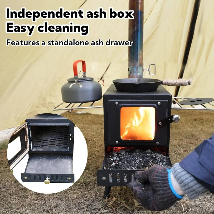 Portable Folding Wood Burning Camping Stove - Includes Chimney Pipes