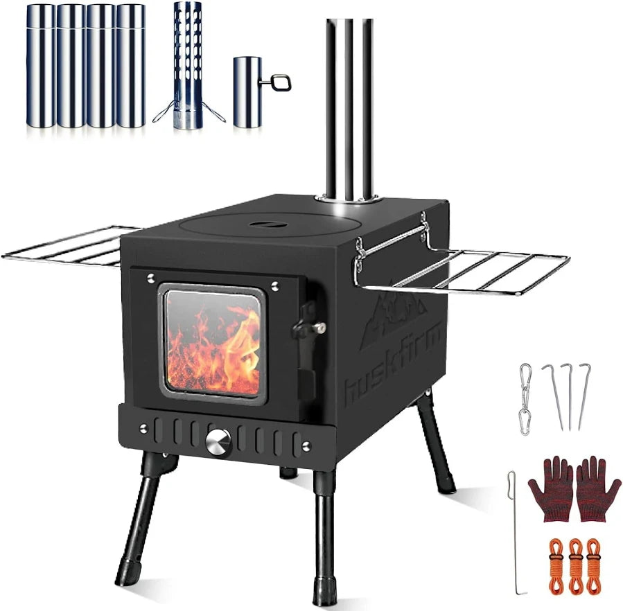 Portable Folding Wood Burning Camping Stove - Includes Chimney Pipes