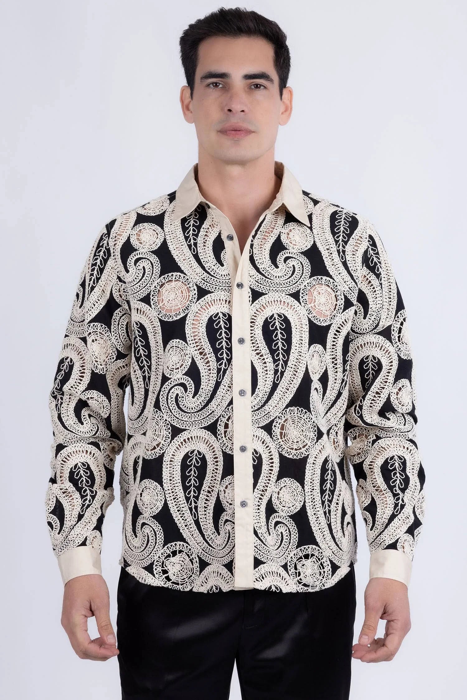 BARABAS Men's Lorenzo Embroidery Paisley Long Sleeve Shirt in Black Cream - 2XL