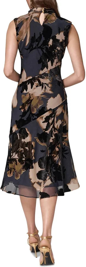 Donna Karan Women's Floral-Print Velvet Burnout A-Line Midi Dress (Size: 10)