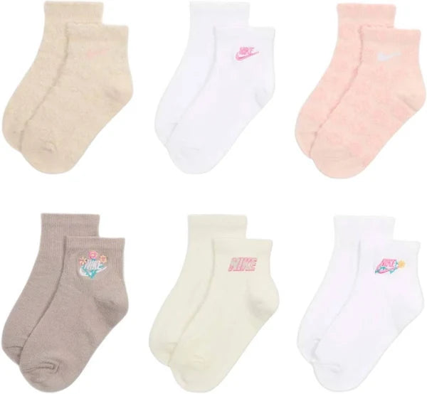 Nike, Youth Ankle Socks, Multi Color, Pack of 6 with Flower Embroidered Details Size Kids4-5