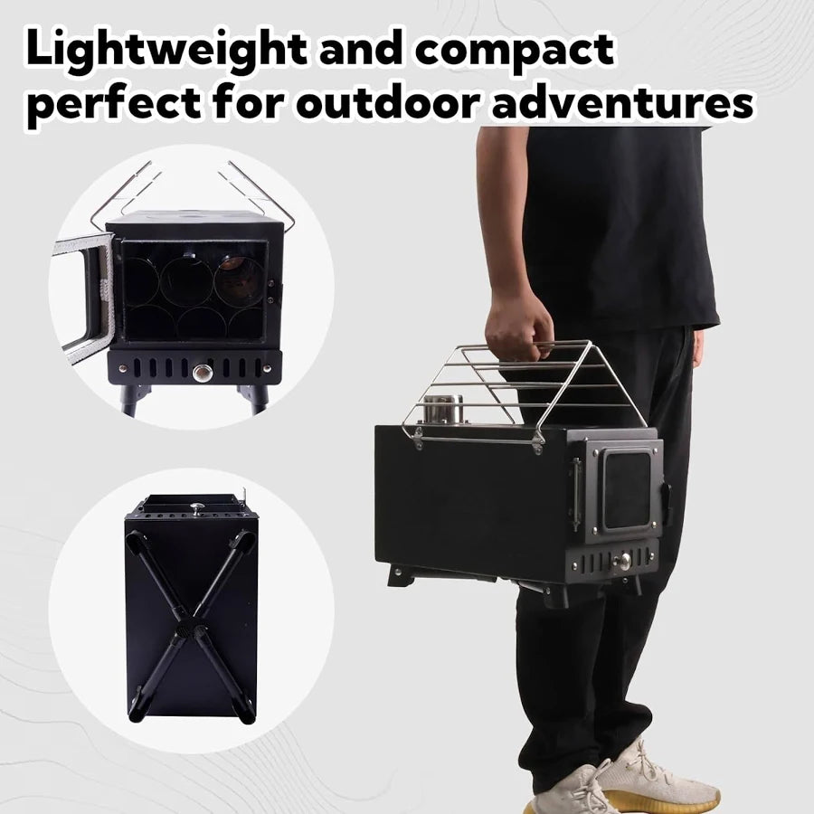 Portable Folding Wood Burning Camping Stove - Includes Chimney Pipes