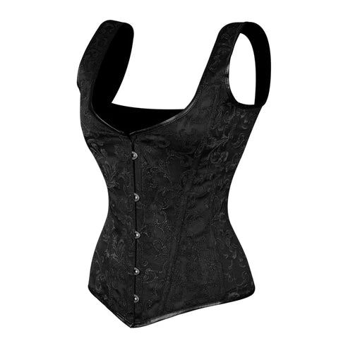 Lara Leather Black Brocade Corset with Shoulder Straps