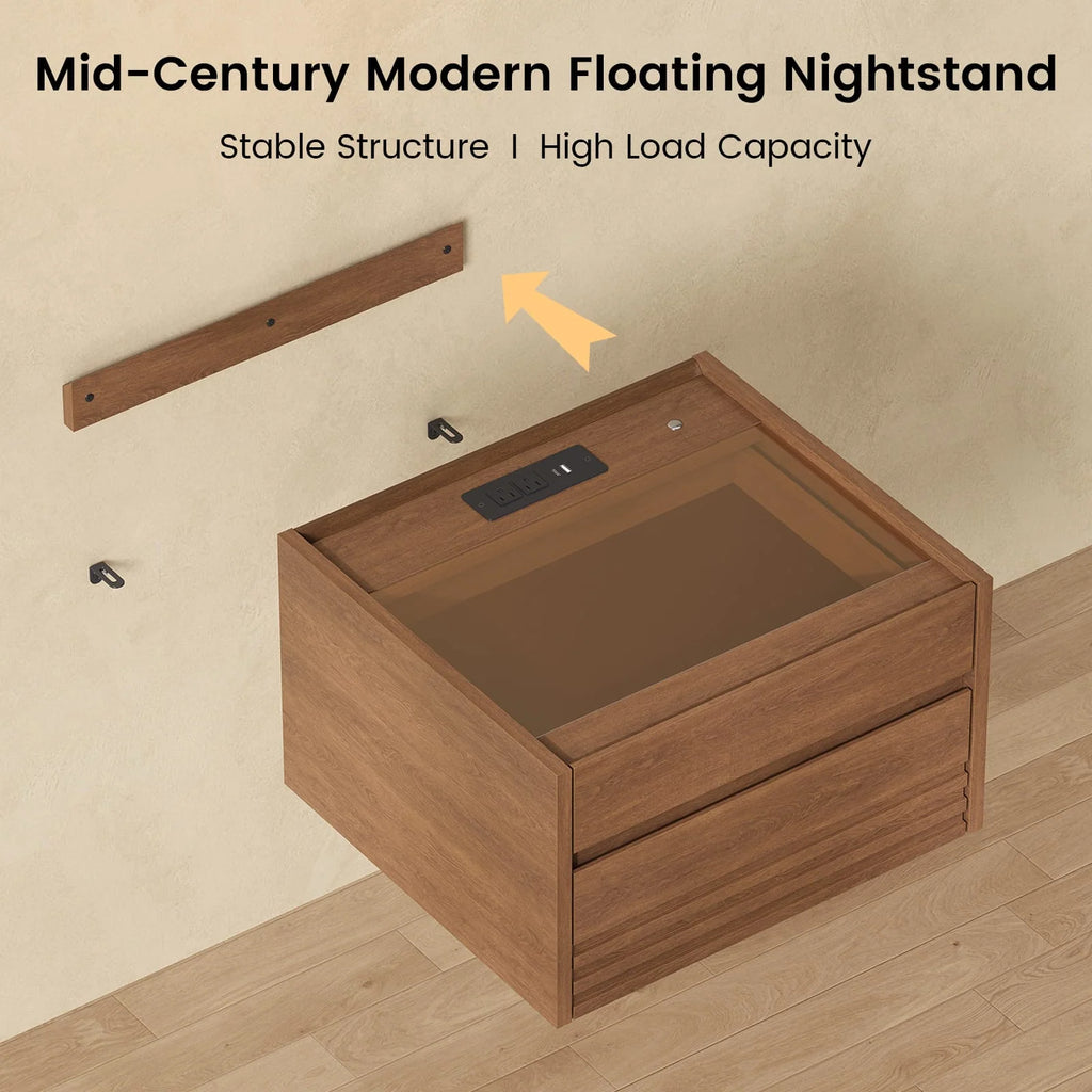 *Sikaic Floating Glass Nightstand with Touch LED & Charging Station Walnut