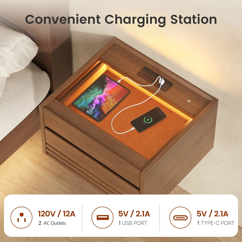*Sikaic Floating Glass Nightstand with Touch LED & Charging Station Walnut