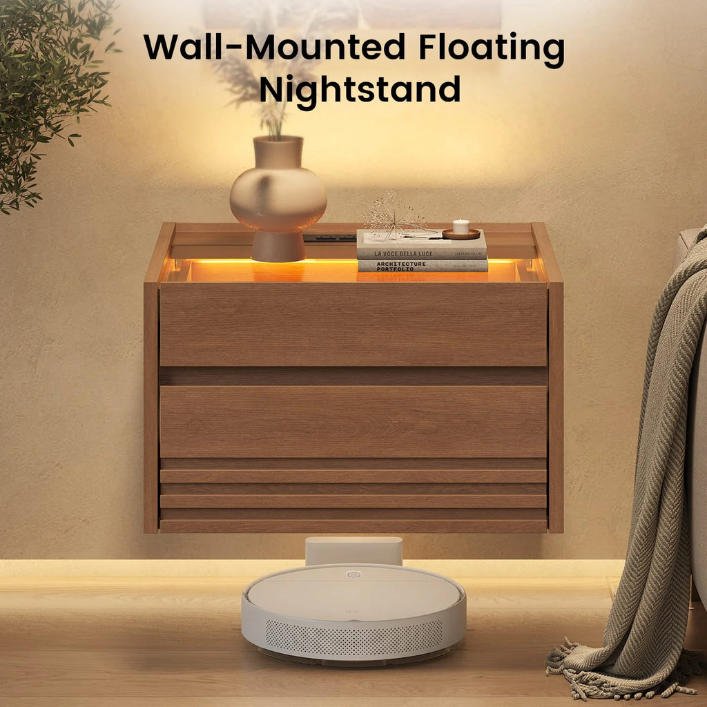 *Sikaic Floating Glass Nightstand with Touch LED & Charging Station Walnut