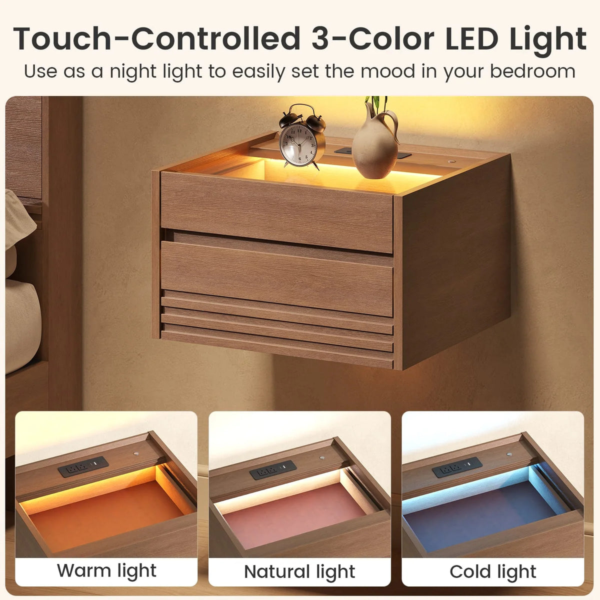 *Sikaic Floating Glass Nightstand with Touch LED & Charging Station Walnut