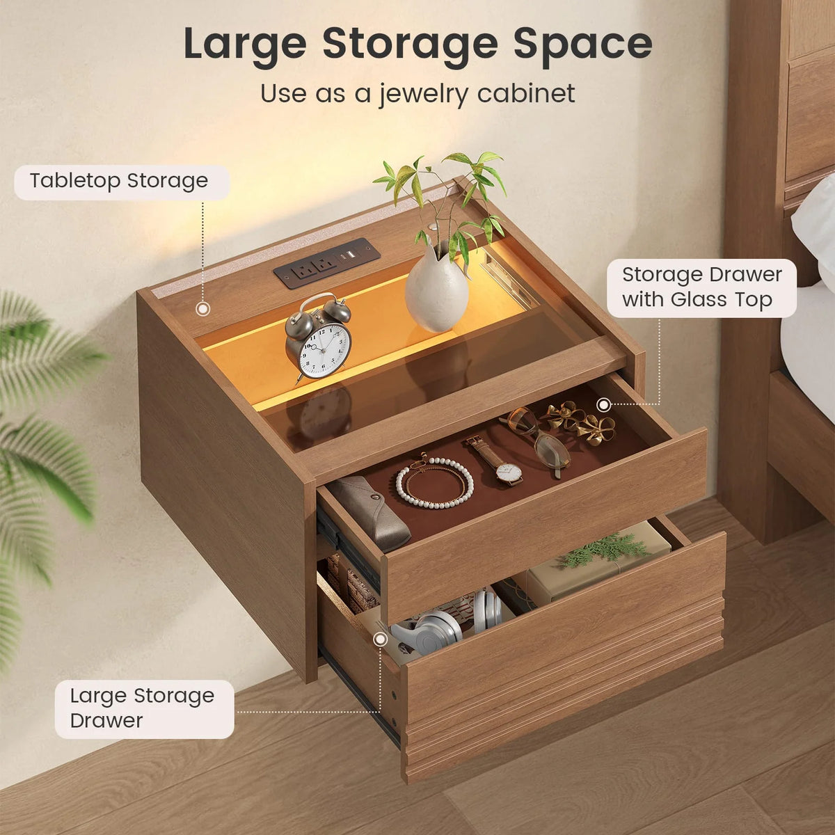 *Sikaic Floating Glass Nightstand with Touch LED & Charging Station Walnut
