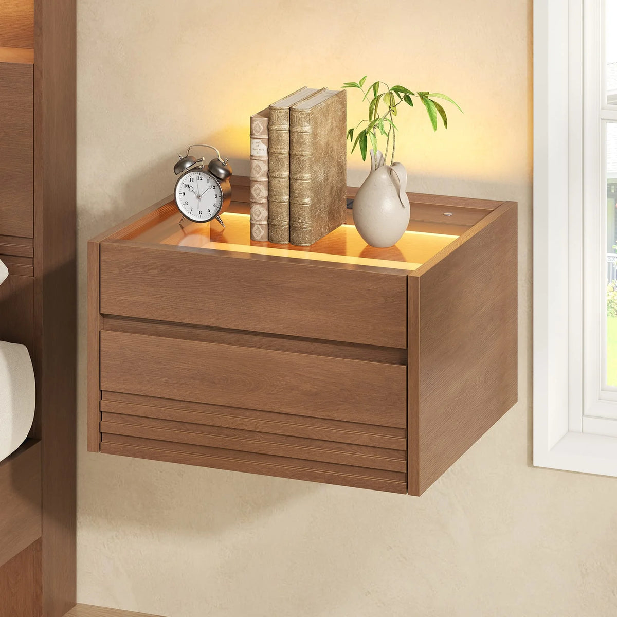 *Sikaic Floating Glass Nightstand with Touch LED & Charging Station Walnut