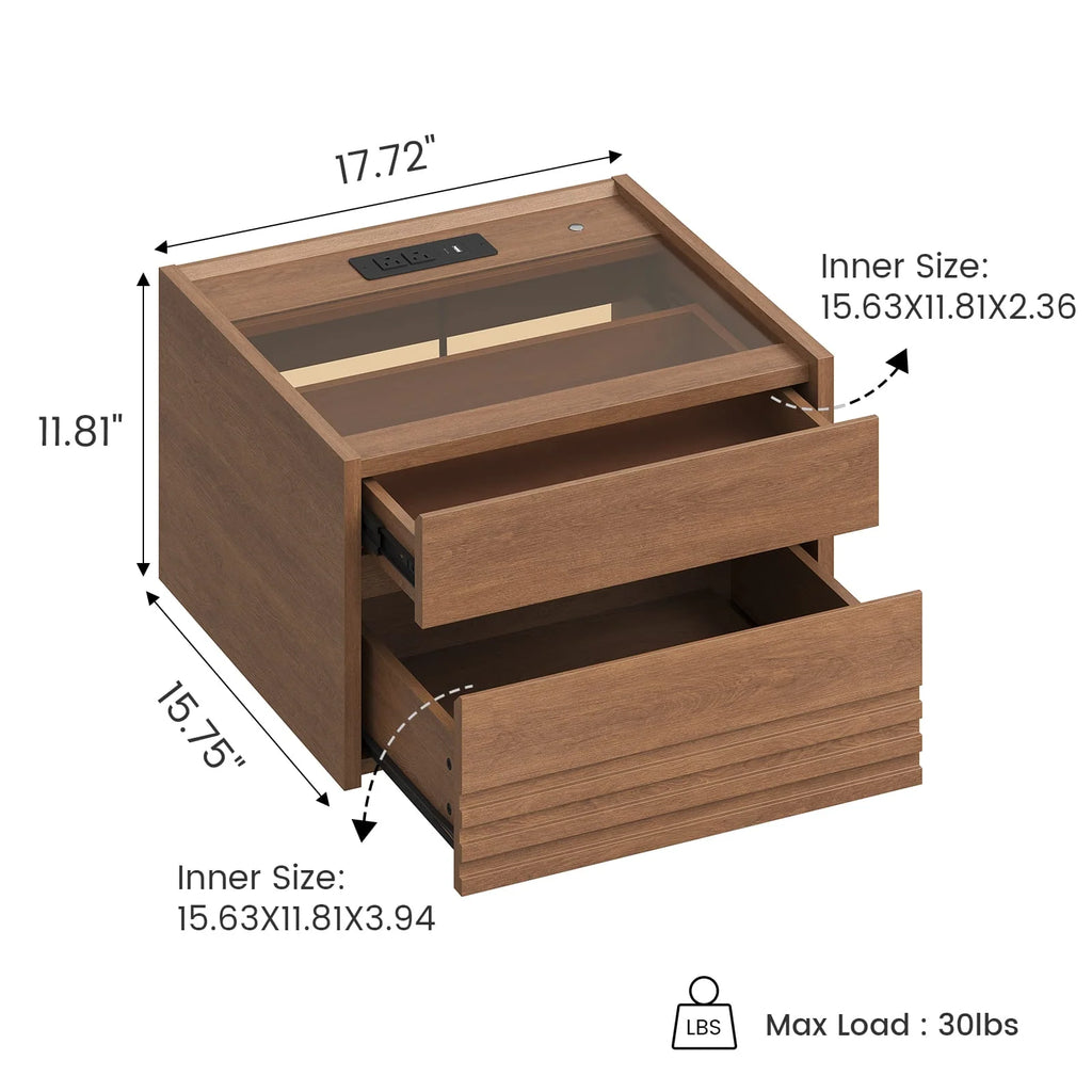 *Sikaic Floating Glass Nightstand with Touch LED & Charging Station Walnut