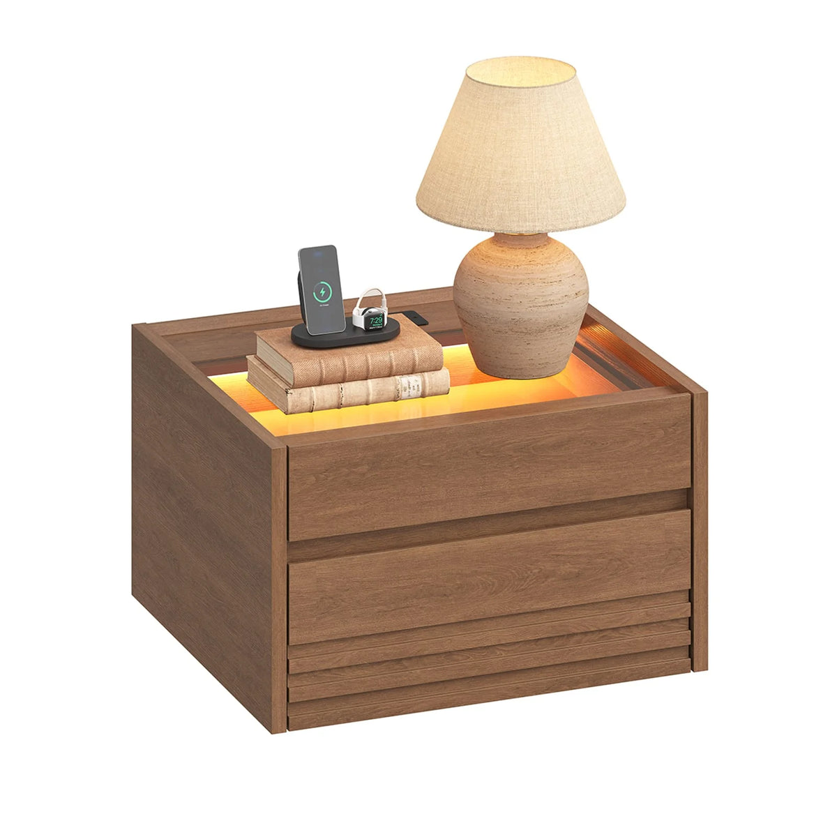 *Sikaic Floating Glass Nightstand with Touch LED & Charging Station Walnut