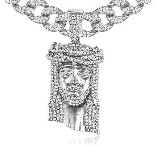 Full Iced Bling Out Jesus Pendant Charm with Cuban Link Necklace Chain Set, Men/Women, CZ