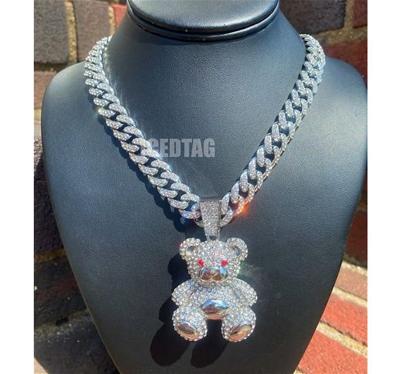 Heavy Iced Bling Out Teddy Bear, Dollar, 100 Emo Pendant, 24" Necklace Chain Set