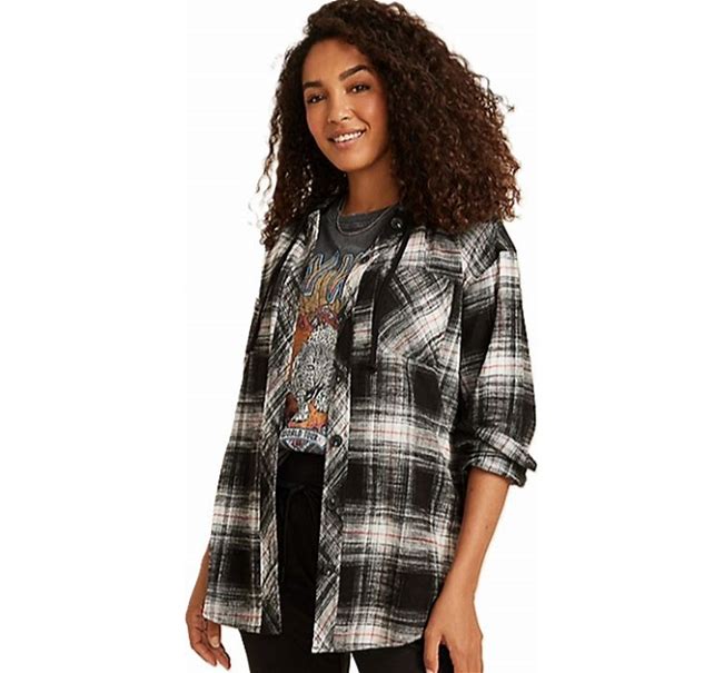 Maurices Cabin Plaid Boyfriend Hooded Button-Down Shirt/Large/Women