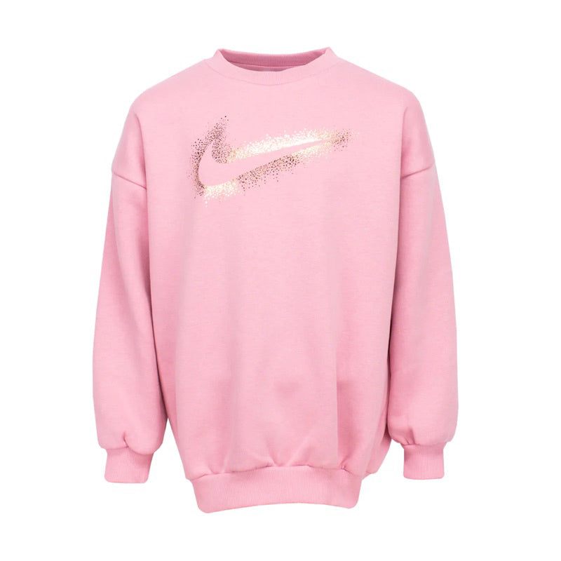 Nike G Nsw Icn Fleece Bf Crew Wc- Elemental Pink Metallic Gold-New With Tags