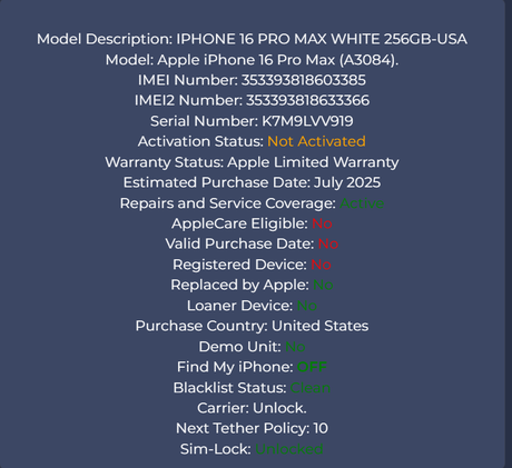 Apple iPhone 16 Pro Max White - 256GB - New, Open Box - Unlocked