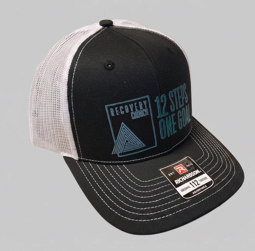Custom Trucker Hat - Recovery Church "12 Steps One Goal", Blk/Wht