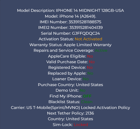 iPhone 14 Midnight - 128GB - New, Sealed - Locked to T-Mobile/Sprint