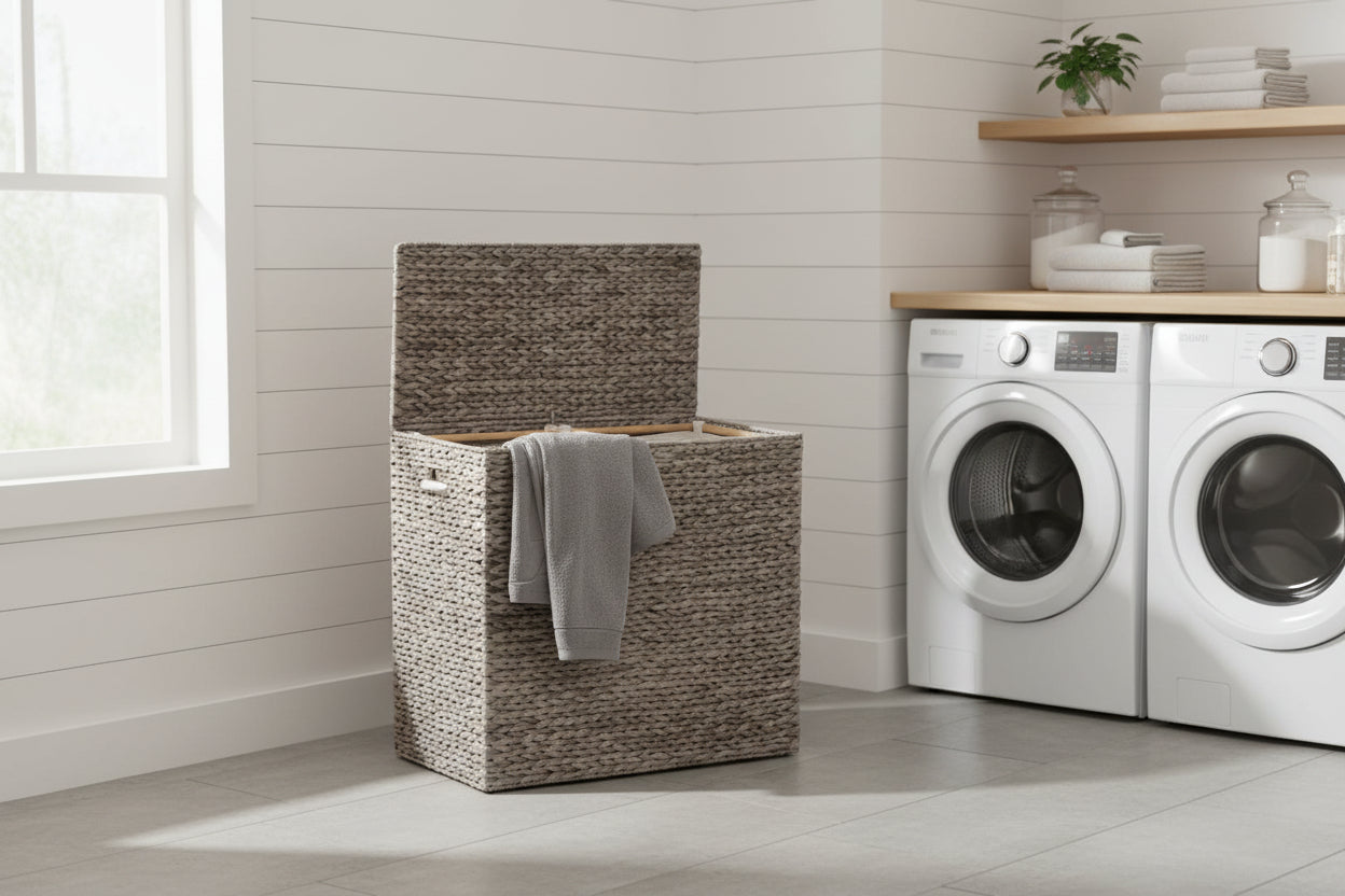 Best Choice Products - Large Water Hyacinth Double Laundry Hamper Basket w/ 2 Liner Bags - Grey