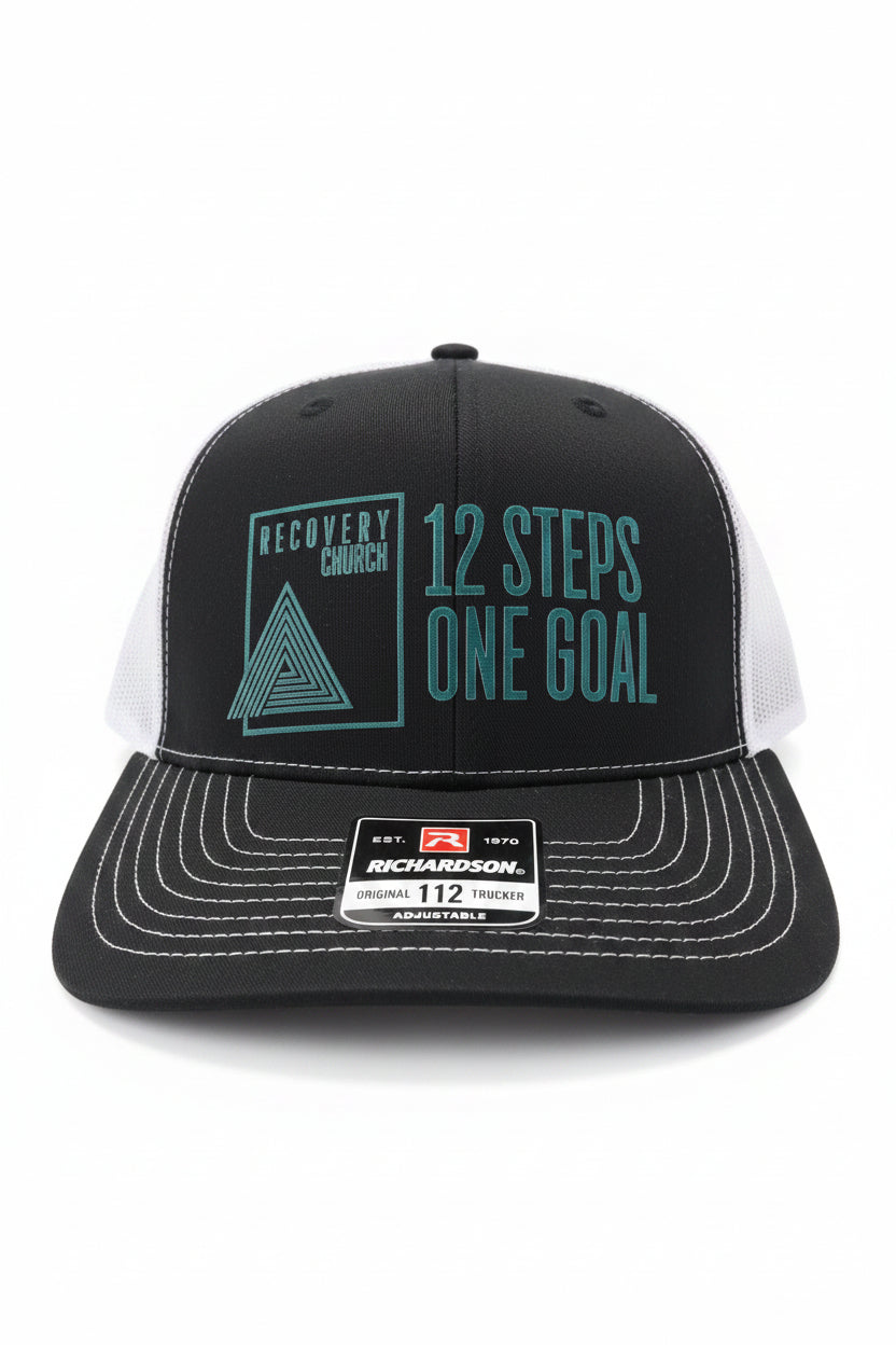 Custom Trucker Hat - Recovery Church "12 Steps One Goal", Blk/Wht