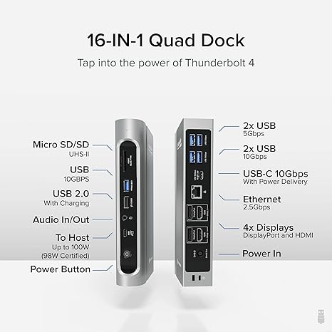 Plugable 16-in-1 Thunderbolt 4 Dock with 98W Charging, Quad 4K Monitor Setup for Thunderbolt 4 Windows, Dual 4K Monitor for Thunderbolt 4 Mac, 2X HDMI, 2X DisplayPort, 2.5G Ethernet, 7X USB, SD