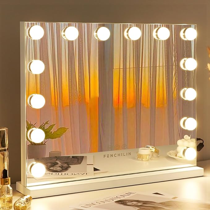 FENCHILIN Vanity Mirror with Lights Hollywood Lighted Makeup Mirror with 14 Dimmable LED Bulbs with 3 Colors Modes for Dressing Room & Bedroom(White)