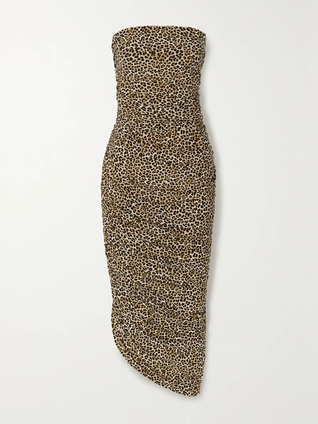 NORMA KAMALI Diana Strapless Ruched Asymmetric Leopard-Print Stretch-jersey Midi Dress Size L/40