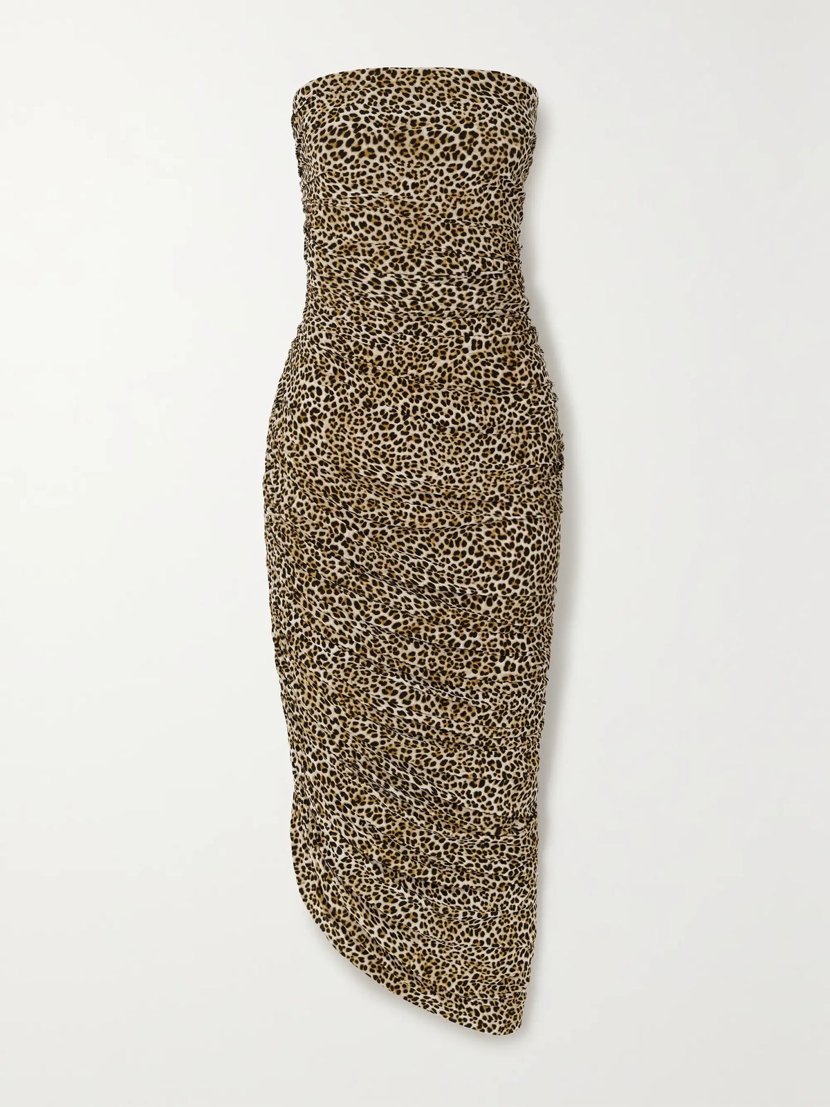 NORMA KAMALI Diana Strapless Ruched Asymmetric Leopard-Print Stretch-jersey Midi Dress Size L/40