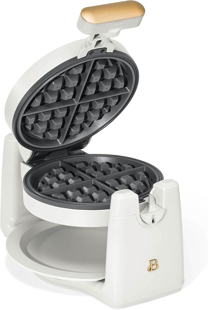 Rotating Belgian Waffle Maker, Black, by Drew Barrymore Flower, Makes 1-Inch Thick Waffles, Stainless Steel (White Icing)