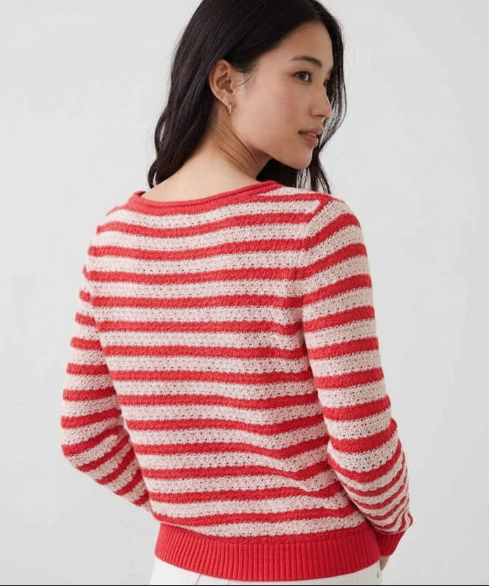 BANANA REPUBLIC Women's Cotton Boatneck Crochet Sweater in Red Stripe - SM