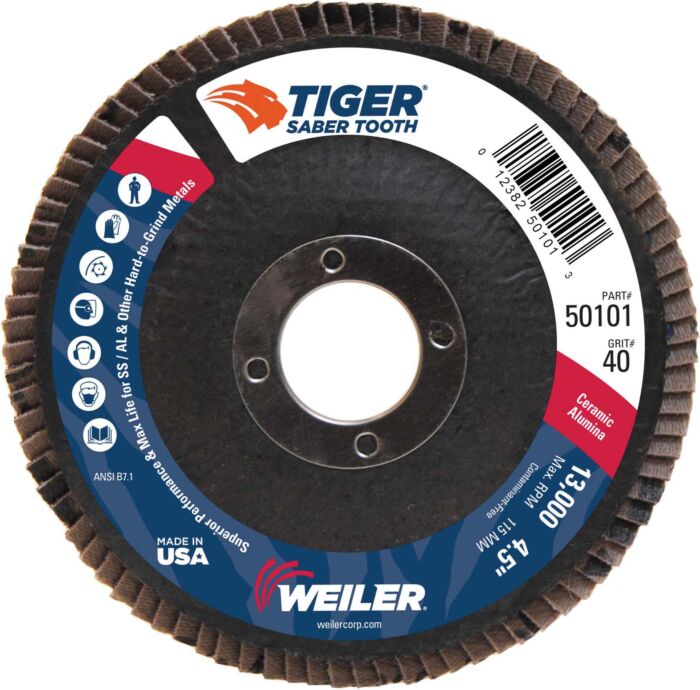 (Qty:10) Weiler 50101 Saber Tooth Ceramic Flap Discs, 4 1/2 in, 40 Grit, 7/8 in Arbor, 13,000 rpm