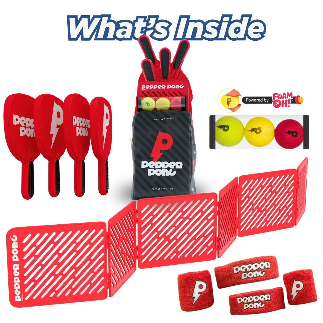 Pepper Pong Full Set (Red) Any Surface, Indoor or Outdoor Portable Paddle Sport