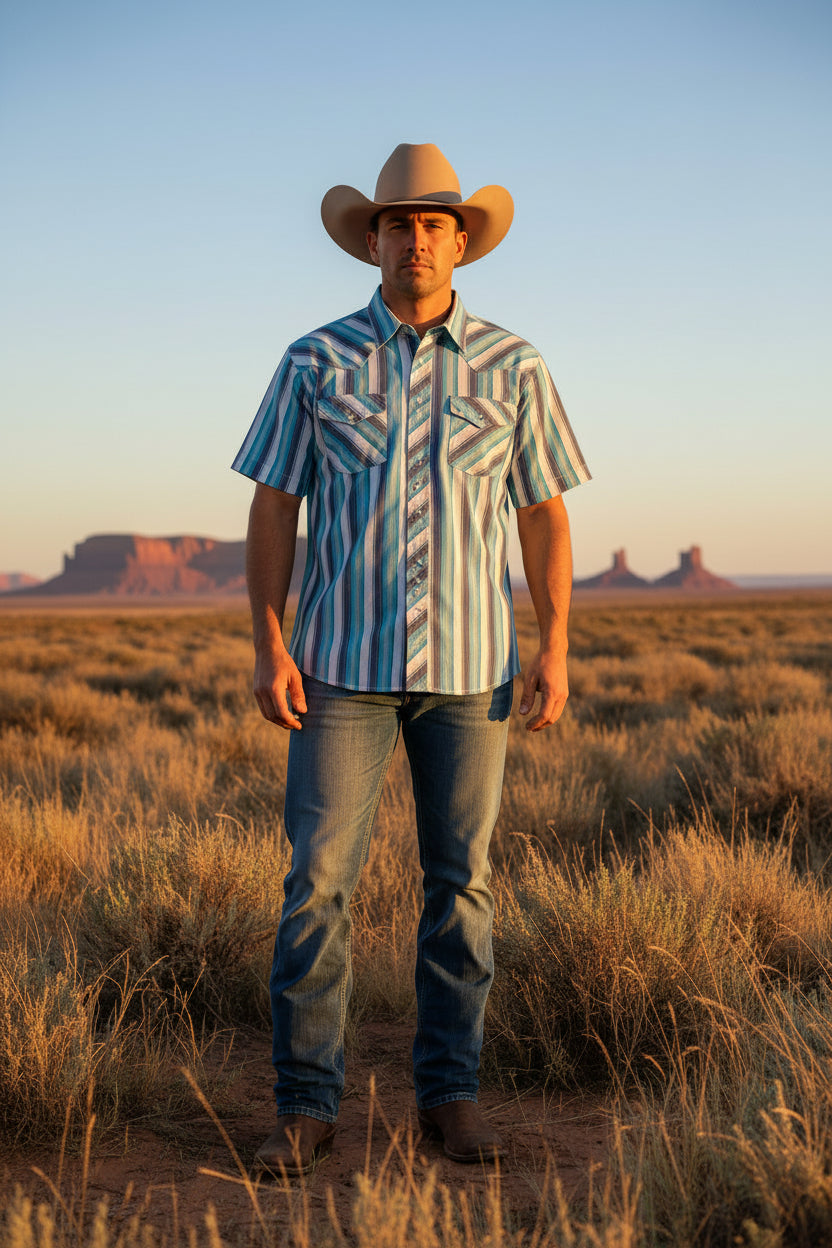 WRANGLER Men's XL Sport Western Snap Shirt - Turquoise/Navy/Red/White Stripe