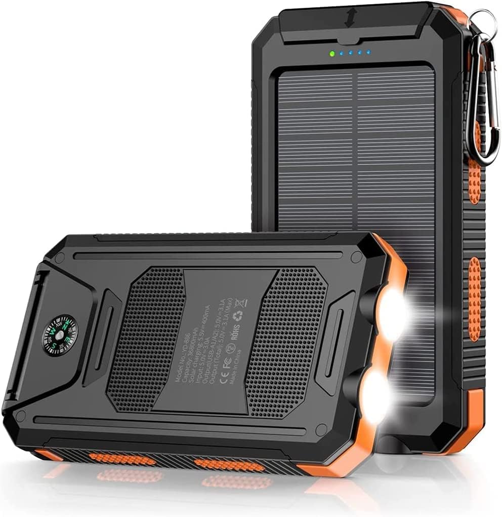 (SAFE SPEED) Power Bank, Solar Charger,10000mAh 5V2A QC 3.0 Dual 2 USB Port Built-in Powerful Flashlight IPX7 Waterproof Dustproof Shockproof (Orange)