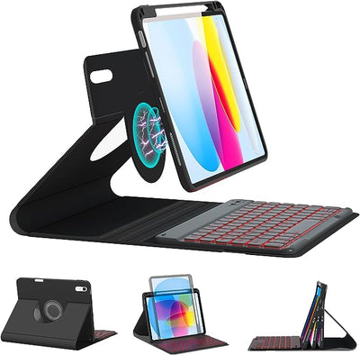 BOBOLEE Keyboard Case for iPad 10th 10.9 inch 2022 Released, Wireless Detachable Backlit 7 Colors Keyboard, 360 Rotatable Thin Slim Cover with Built-in Pen Holder, Table Case for iPad 10th 10.9 inch